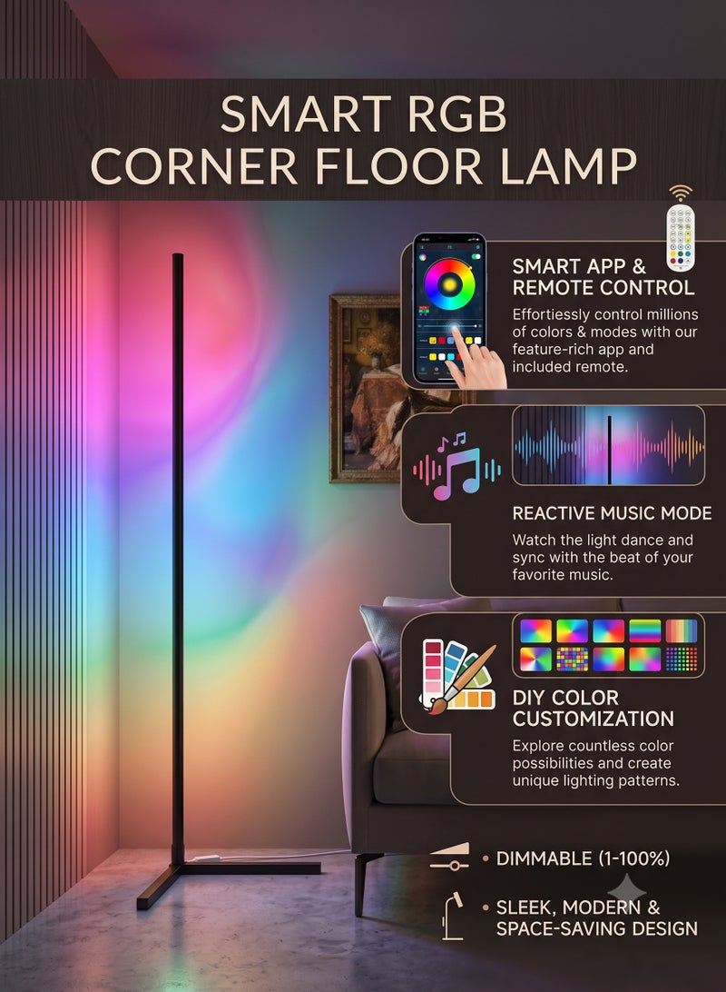 BGM RGBIC Floor Lamp - LED Corner Lamp - Smart Modern Floor Lamp with Music Sync and 16 Million DIY Colors, Color Changing Standing Floor Lamp for Bedroom Living Room - Black - Image 2