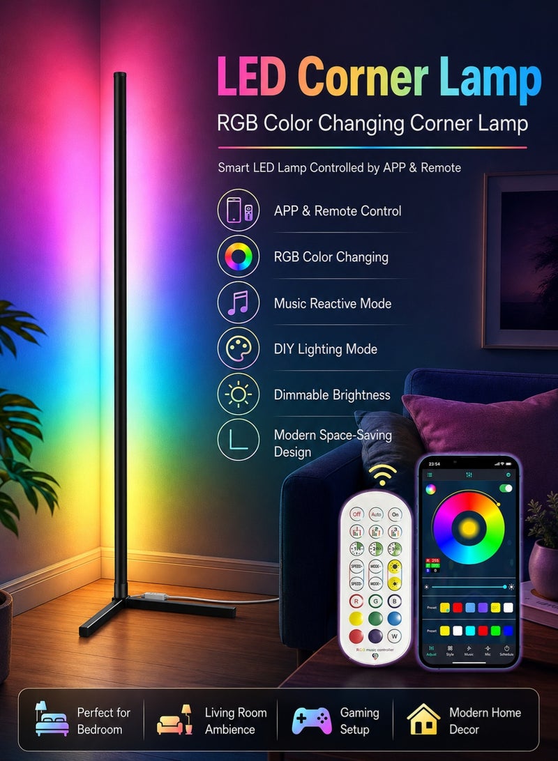 BGM RGBIC Floor Lamp - LED Corner Lamp - Smart Modern Floor Lamp with Music Sync and 16 Million DIY Colors, Color Changing Standing Floor Lamp for Bedroom Living Room - Black - Image 1