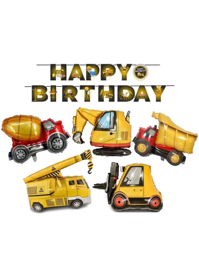 Atpata Funky Construction Theme Foil Balloons Excavator Bulldozer Balloon Dump Truck Forklift Mixer Truck Crane Balloon and Happy Birthday Banner for Boys Construction Birthday Party Supplies - Image 1