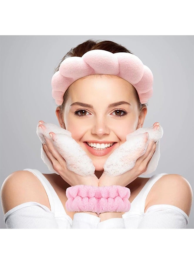 5PCS Ladies Sponge Spa Headband, Makeup Headband & Wrist Wash Band Set Pink Skin Care Headband for Face Wash, Girly Pink Gift Valentine's Day Fashion Items  - Image 3