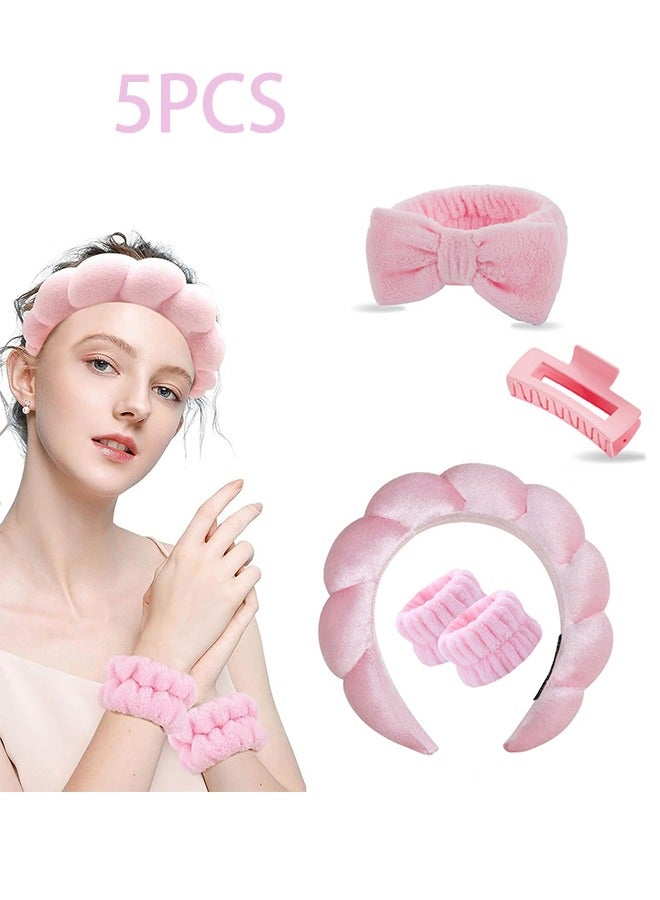 5PCS Ladies Sponge Spa Headband, Makeup Headband & Wrist Wash Band Set Pink Skin Care Headband for Face Wash, Girly Pink Gift Valentine's Day Fashion Items  - Image 1