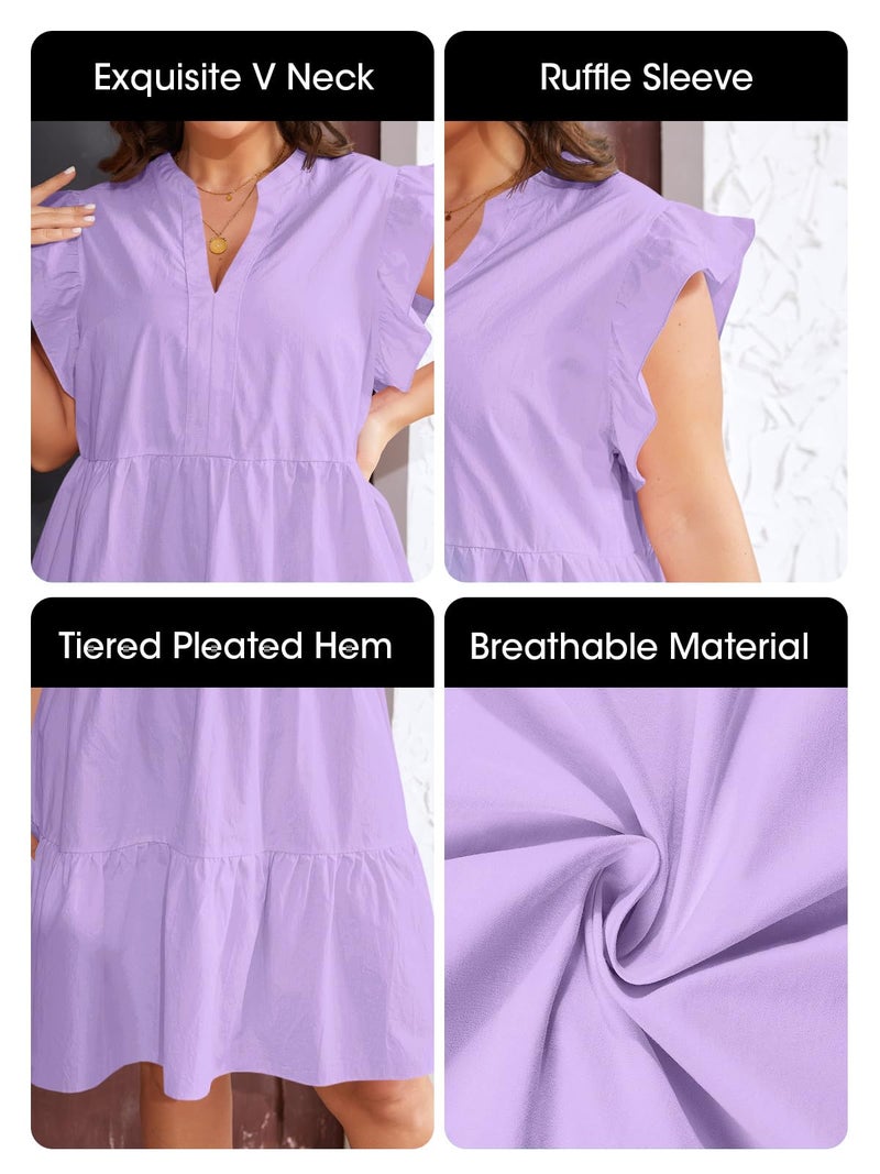 Fisoew Plus Size Dresses for Women Summer Ruffle Short Sleeve V Neck Dress Tiered Swing A Line Babydoll Mini Dress Lavender - Image 5