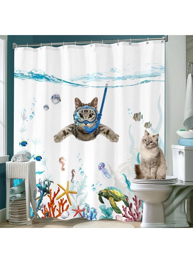Fowocu Funny Cat Shower Curtain Set Teal Blue Sea Ocean Waterproof Fabric Shower Curtains with Animal Octopus Starfish Turtle Anchor Fish Nautical Bathroom Decor (Blue, 72''×72'') - Image 3