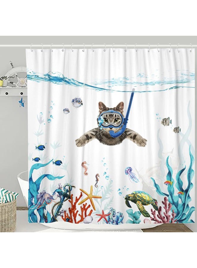 Fowocu Funny Cat Shower Curtain Set Teal Blue Sea Ocean Waterproof Fabric Shower Curtains with Animal Octopus Starfish Turtle Anchor Fish Nautical Bathroom Decor (Blue, 72''×72'') - Image 1