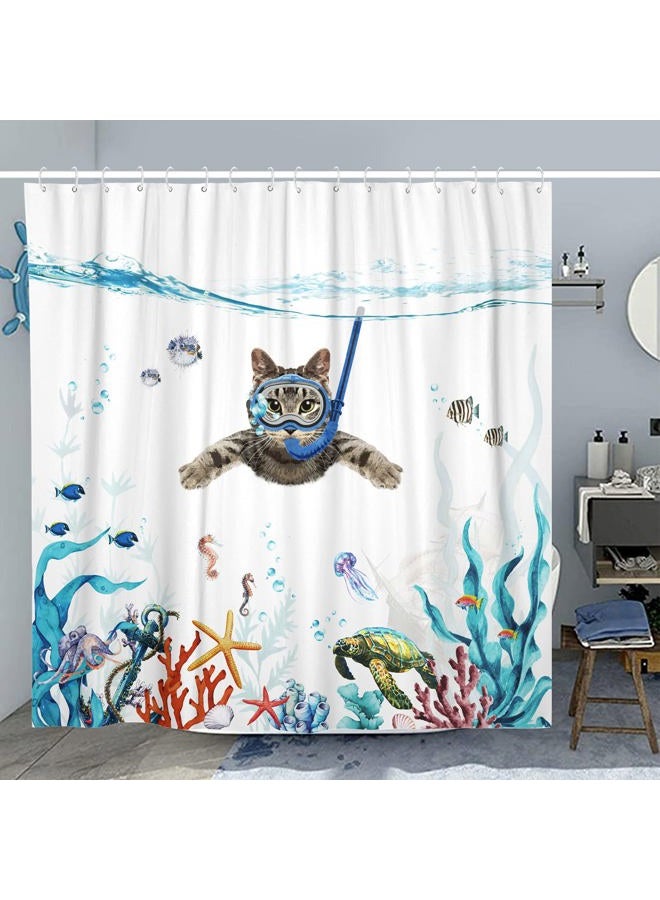 Fowocu Funny Cat Shower Curtain Set Teal Blue Sea Ocean Waterproof Fabric Shower Curtains with Animal Octopus Starfish Turtle Anchor Fish Nautical Bathroom Decor (Blue, 72''×72'') - Image 2
