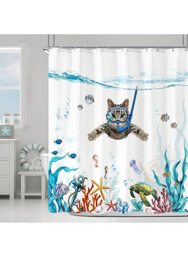 Fowocu Funny Cat Shower Curtain Set Teal Blue Sea Ocean Waterproof Fabric Shower Curtains with Animal Octopus Starfish Turtle Anchor Fish Nautical Bathroom Decor (Blue, 72''×72'') - Image 4