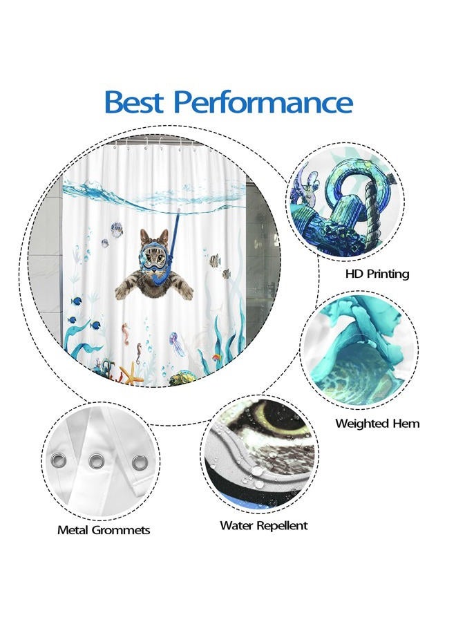 Fowocu Funny Cat Shower Curtain Set Teal Blue Sea Ocean Waterproof Fabric Shower Curtains with Animal Octopus Starfish Turtle Anchor Fish Nautical Bathroom Decor (Blue, 72''×72'') - Image 5