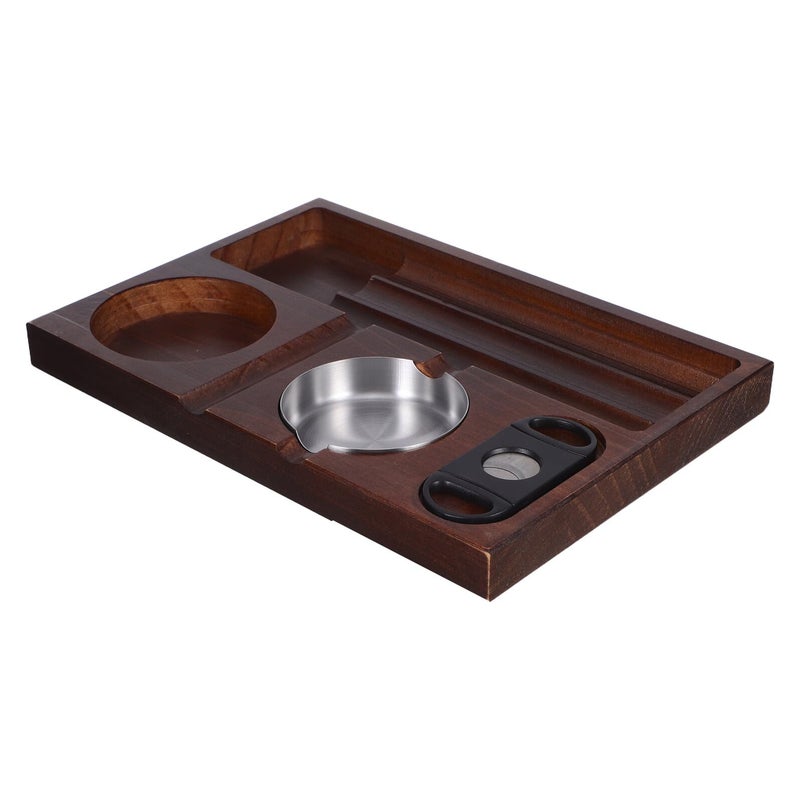 Wooden Cigar Ashtray with Cutter Tray and Whiskey Glass Coaster for Indoor Outdoor Patio Home Office Gift - Image 2
