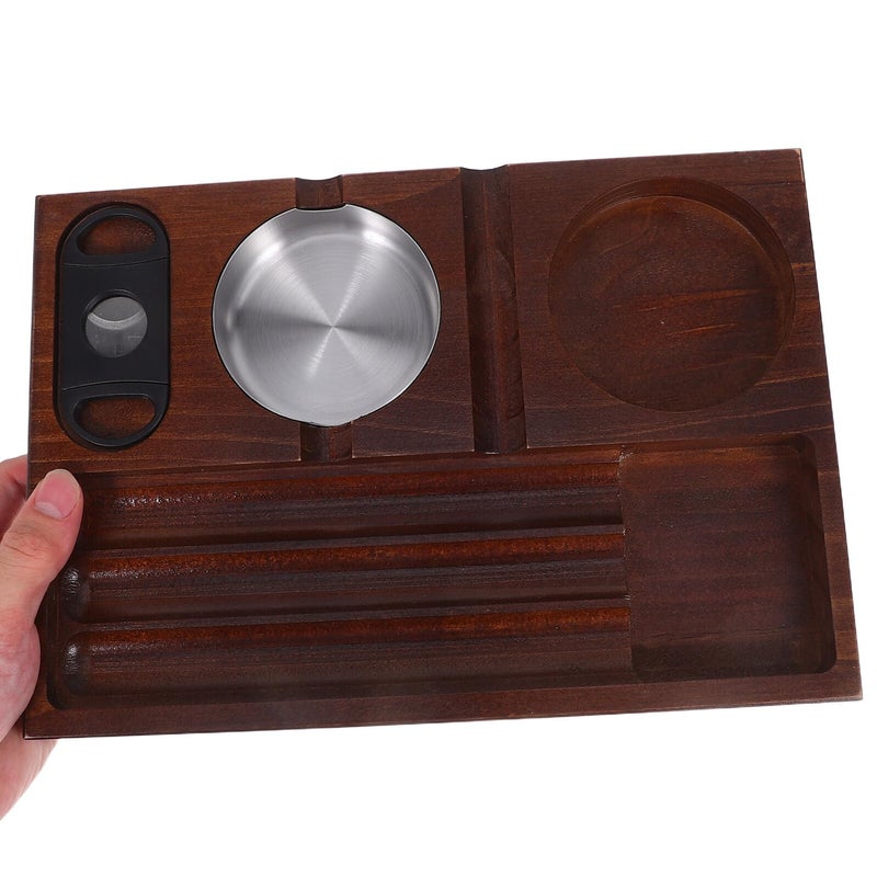 Wooden Cigar Ashtray with Cutter Tray and Whiskey Glass Coaster for Indoor Outdoor Patio Home Office Gift - Image 5