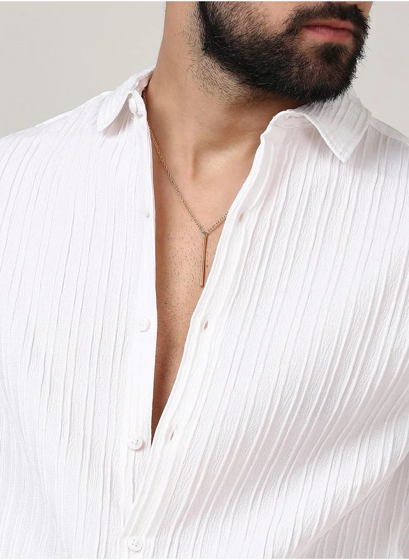كامبوس سوترا Men's Chalk White Self-Design Striped Shirt