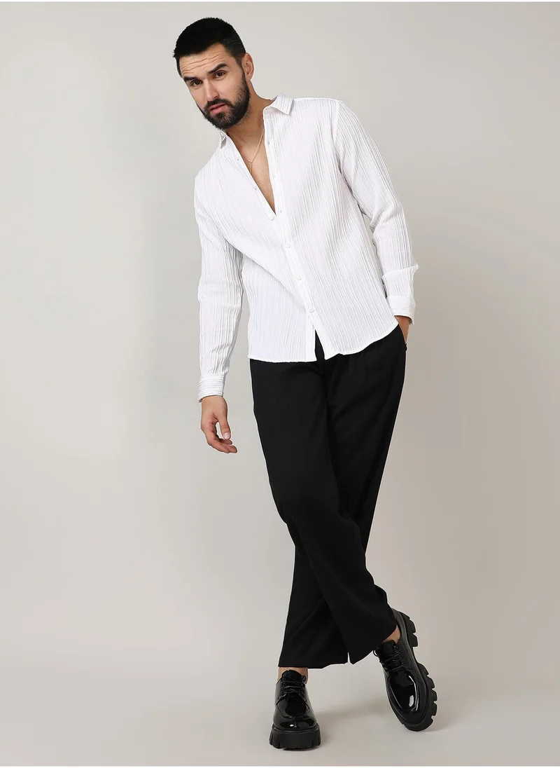 كامبوس سوترا Men's Chalk White Self-Design Striped Shirt