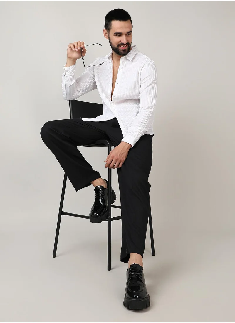 كامبوس سوترا Men's Chalk White Self-Design Striped Shirt