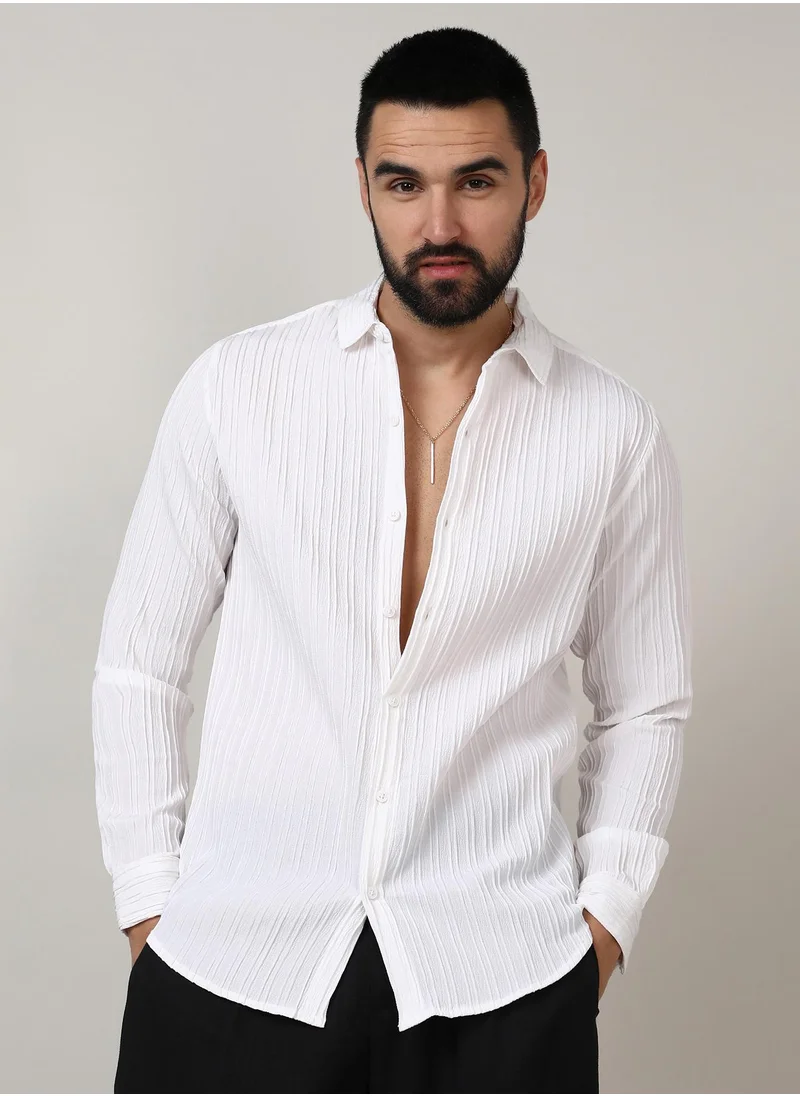 Campus Sutra Men's Chalk White Self-Design Striped Shirt