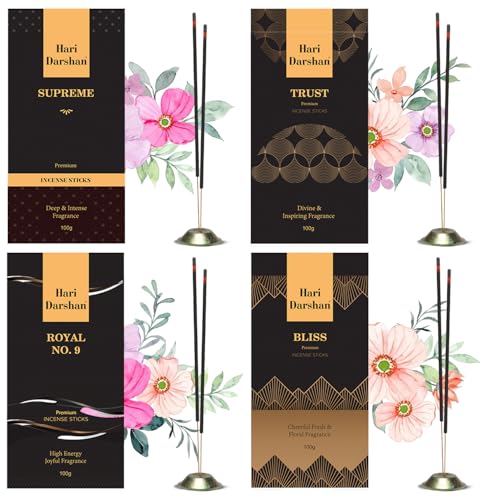 Hari Darshan Premium Agarbatti Stick Combo - 400 Sticks | Long-Lasting Fragrance | Bliss, Supreme Agarbathies for Pooja in a Decorative Agarbatti Box Royal No. 9 Incense Sticks (Pack of 4, 100g Each) - Image 1