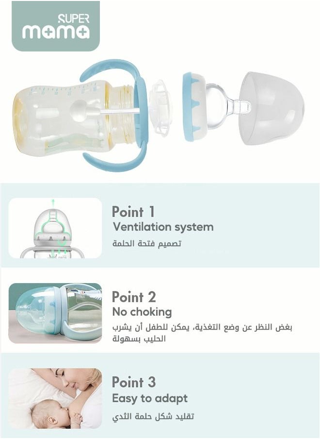 SUPERMAMA - PPSU Anti-flatulence Natural Baby Feeding Bottle Medium Flow Rate Drop Resistant with Handle Blue 260Ml - Image 1
