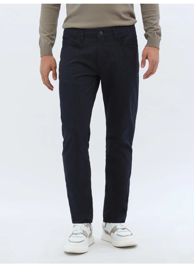 Kip Navy Blue Woven Slim Fit Casual Cotton Blend Trousers