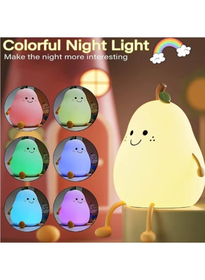Pear- Shape Silicone Night Light, LED Night Light Colorful Light Color USB Charging Timed Automatic Shutdown Smile Pear-Shape Silicone Bedside Lamp Decoration for Baby, Kids, Teenagers Bedroom - Image 1