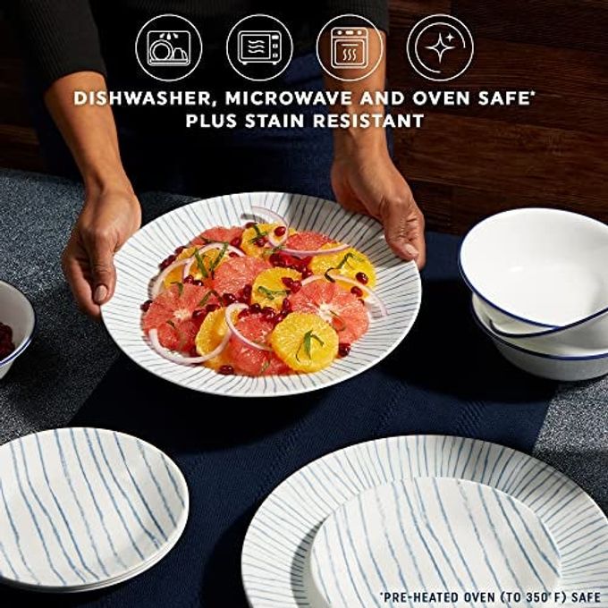 Corelle 18-Piece Dinnerware Set Service for 6, Lightweight Round Plates and Bowls Set, Vitrelle Triple Layer Glass, Chip Resistant, Microwave and Dishwasher Safe, Nautical Stripes - Image 3