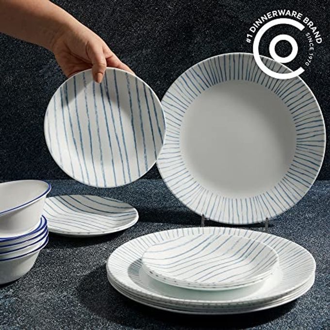 Corelle 18-Piece Dinnerware Set Service for 6, Lightweight Round Plates and Bowls Set, Vitrelle Triple Layer Glass, Chip Resistant, Microwave and Dishwasher Safe, Nautical Stripes - Image 5