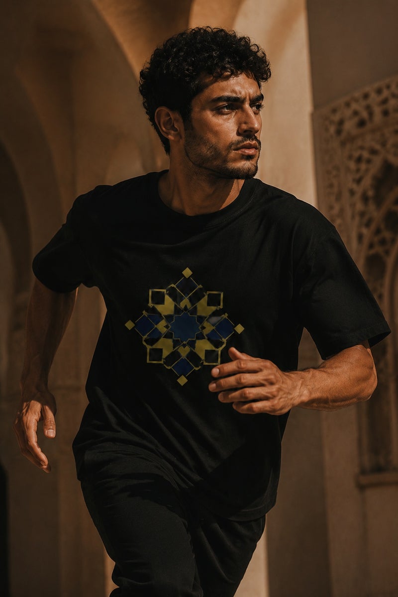 Men's Black Geometric Graphic T-Shirt Casual Short Sleeve Crew Neck Streetwear Tee - Image 3