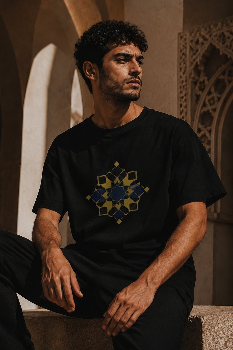Men's Black Geometric Graphic T-Shirt Casual Short Sleeve Crew Neck Streetwear Tee - Image 4