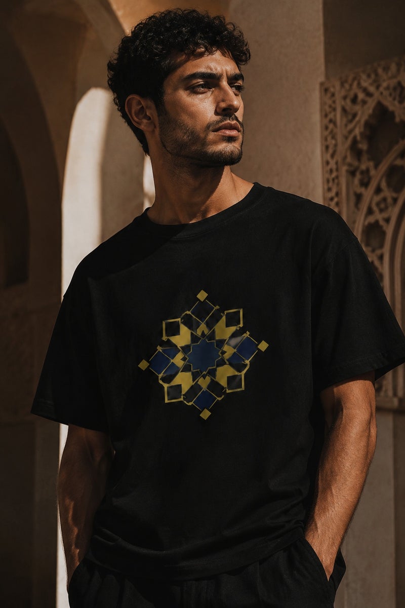 Men's Black Geometric Graphic T-Shirt Casual Short Sleeve Crew Neck Streetwear Tee - Image 1