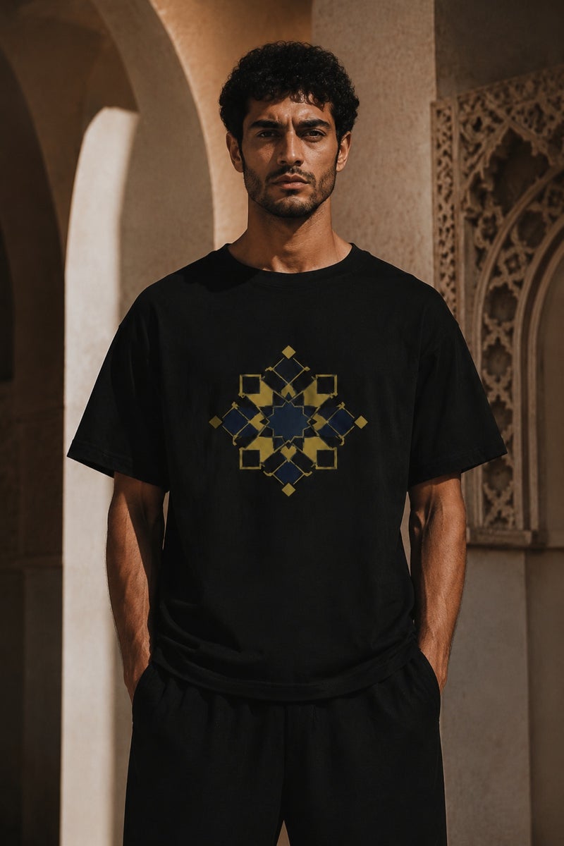 Men's Black Geometric Graphic T-Shirt Casual Short Sleeve Crew Neck Streetwear Tee - Image 2