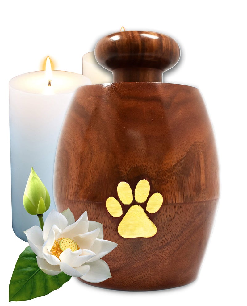 Lindia Artisans Beautiful Wooden Pet Urn Jar with Brass Paw Print Small Size Supports 15 lb Pet Rosewood Pet Cremation Urn Perfect Memorial Pet Urns for Dog and Cat Ashes