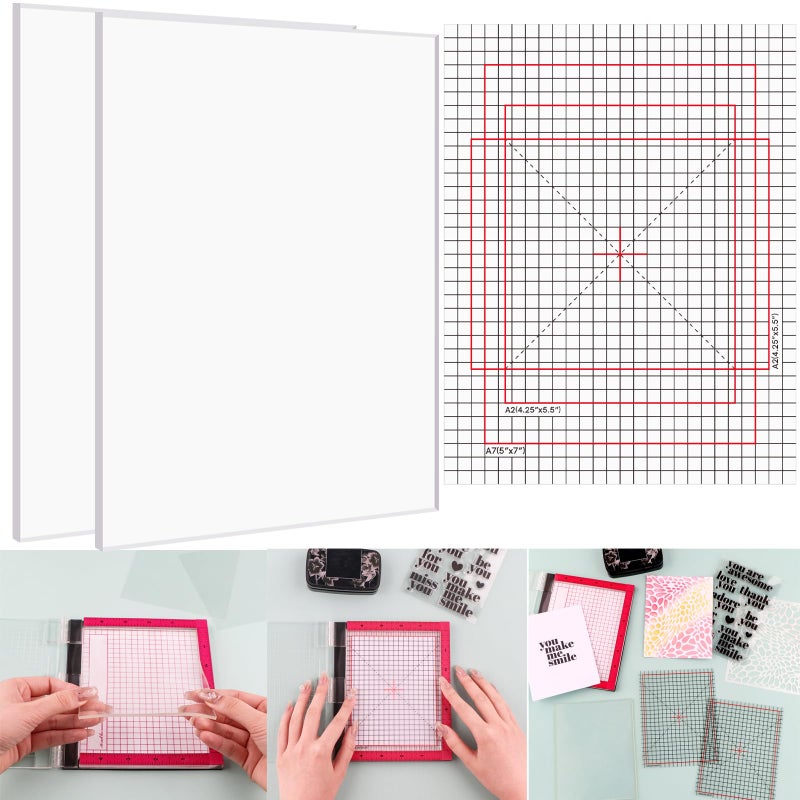 CYFUN DESIGN 2PCS 65x85 Photopolymer Grip Mat with 4PCS Printed Guides for StampingMultiUse NonSlip Sticky Mats Fit In Stamp Positioning Tool for Card Making Hold Your Cardstock In Place When Stamping