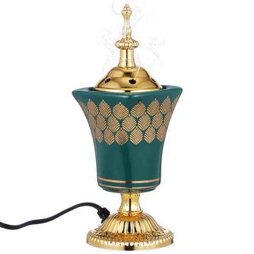 Cabilock Electric Bakhoor Burner Metal Electric Incense Burner for Oud Frankincense Resin FlameFree Arabic Bukhoor Holder for Home Decor Yoga Spa Office Vintage Green Censer - Image 1