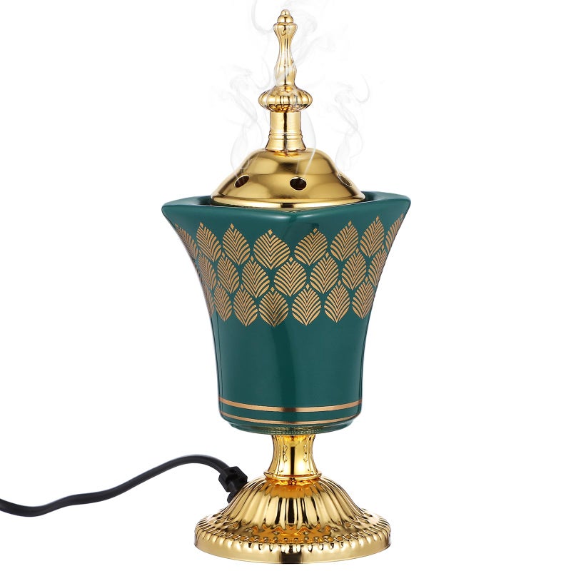 Cabilock Electric Bakhoor Burner Metal Electric Incense Burner for Oud Frankincense Resin FlameFree Arabic Bukhoor Holder for Home Decor Yoga Spa Office Vintage Green Censer - Image 2