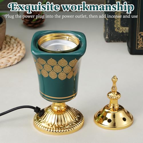 Cabilock Electric Bakhoor Burner Metal Electric Incense Burner for Oud Frankincense Resin FlameFree Arabic Bukhoor Holder for Home Decor Yoga Spa Office Vintage Green Censer - Image 3