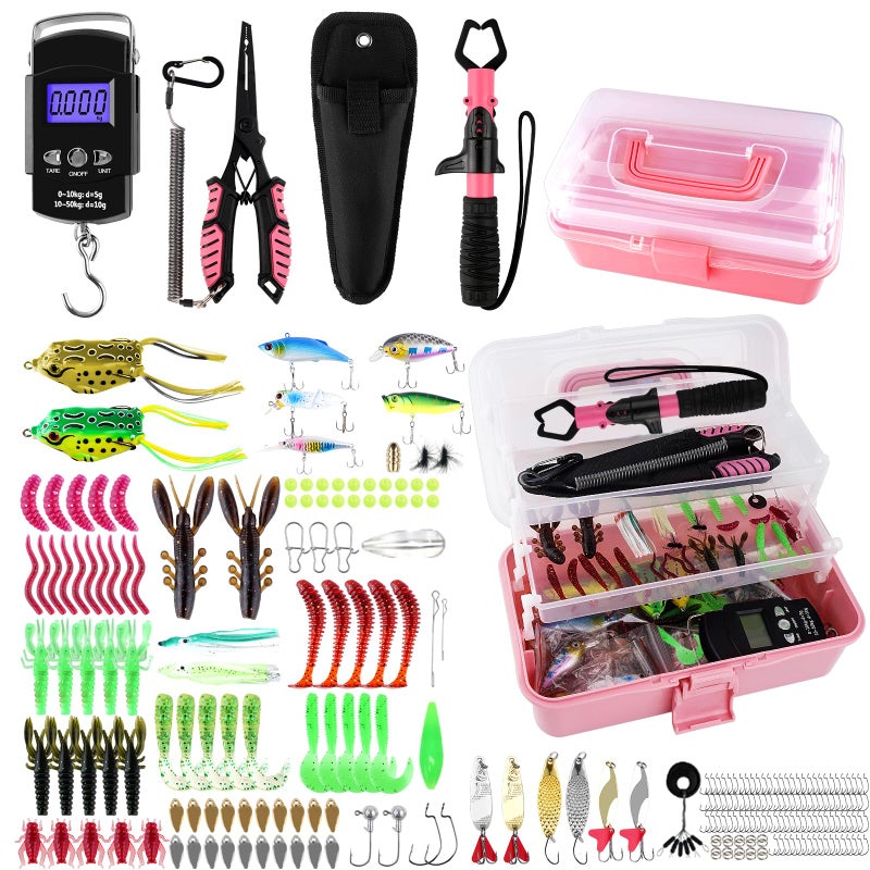 mouhike 3-Layer Pink Fishing Tackle Box with Tackle Included, Fishing Tools Kit Includes Pliers Fish Lip Gripper Scale Crankbait Spinnerbaits Soft Baits Hooks, Ideal Gift for Angler Saltwater Freshwater - Image 1