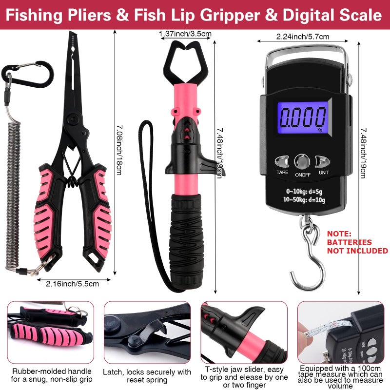 mouhike 3-Layer Pink Fishing Tackle Box with Tackle Included, Fishing Tools Kit Includes Pliers Fish Lip Gripper Scale Crankbait Spinnerbaits Soft Baits Hooks, Ideal Gift for Angler Saltwater Freshwater - Image 4