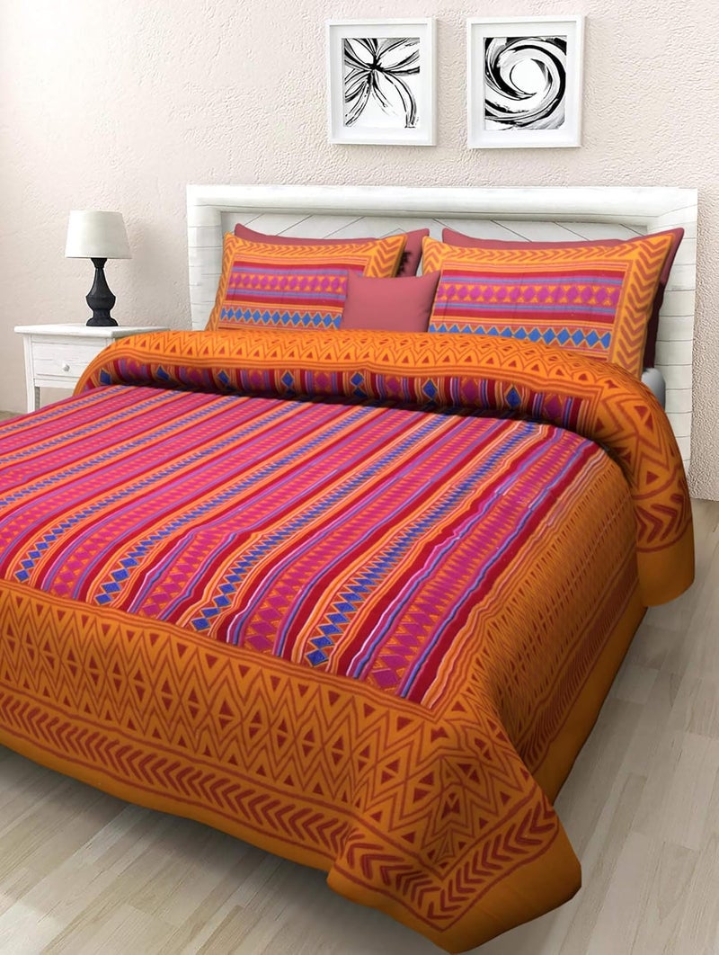 BedZone 100 Cotton Tradional Jaipuri Printed Rajasthani King Size Double Bedsheet with 2 Pillow Cover KingMulti Fastcolor