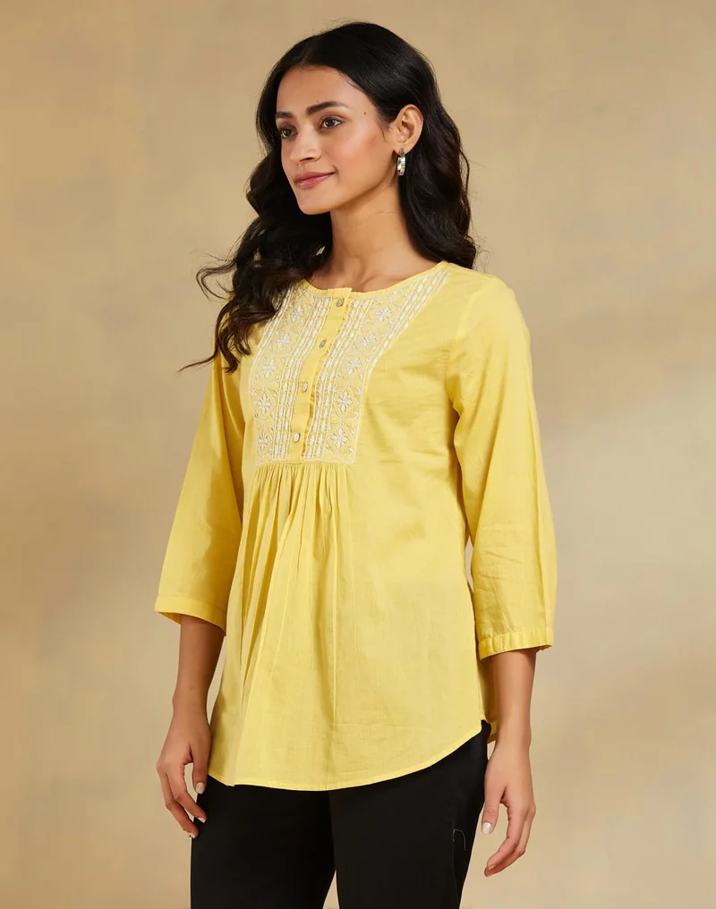 Fabindia Yellow Cotton Chikankari Top