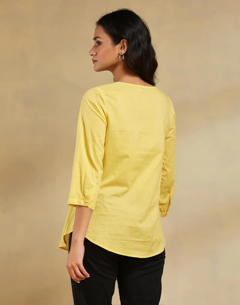 Fabindia Yellow Cotton Chikankari Top