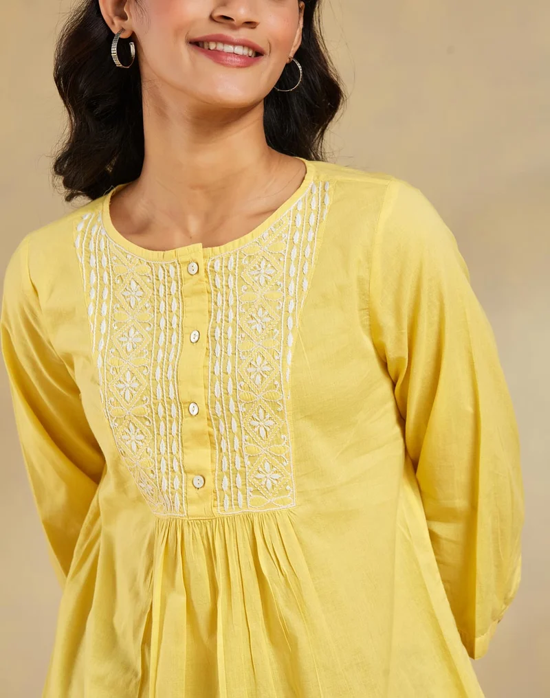 Fabindia Yellow Cotton Chikankari Top