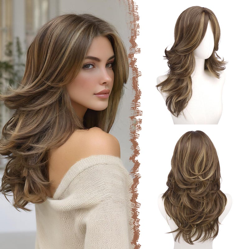 FESHFEN Brown Mixed Blonde Wavy Layered Wig with Curtain Bangs for Women, 20 Inch Long Synthetic Natural Looking Middle Part Hair Wig For Costume Party Daily Use - Image 1