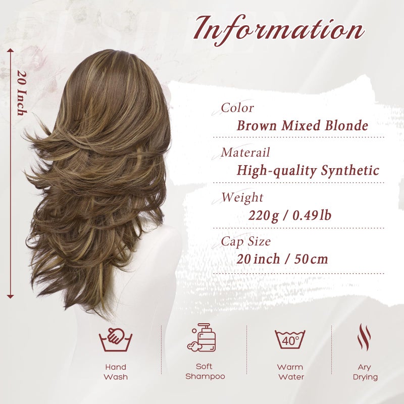 FESHFEN Brown Mixed Blonde Wavy Layered Wig with Curtain Bangs for Women, 20 Inch Long Synthetic Natural Looking Middle Part Hair Wig For Costume Party Daily Use - Image 3