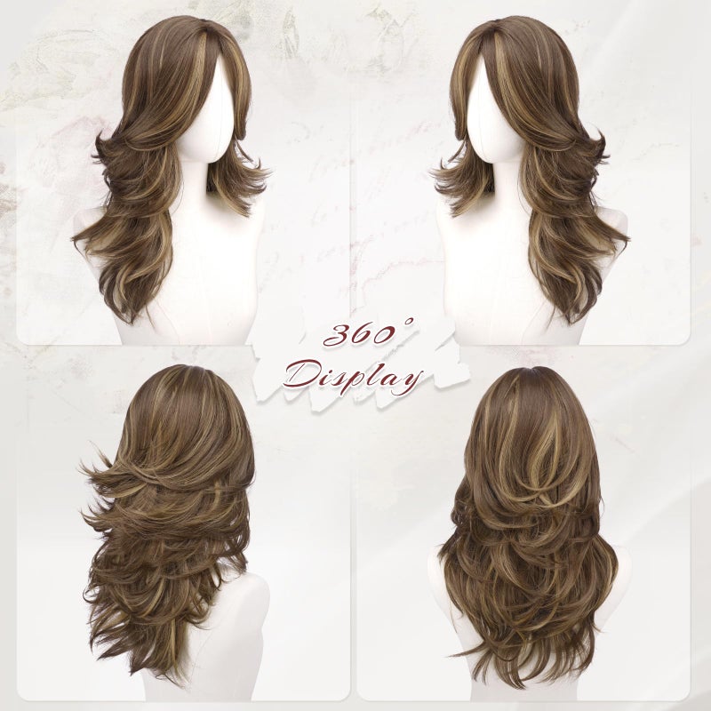 FESHFEN Brown Mixed Blonde Wavy Layered Wig with Curtain Bangs for Women, 20 Inch Long Synthetic Natural Looking Middle Part Hair Wig For Costume Party Daily Use - Image 2