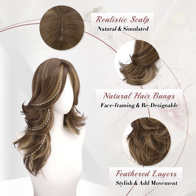 FESHFEN Brown Mixed Blonde Wavy Layered Wig with Curtain Bangs for Women, 20 Inch Long Synthetic Natural Looking Middle Part Hair Wig For Costume Party Daily Use - Image 4