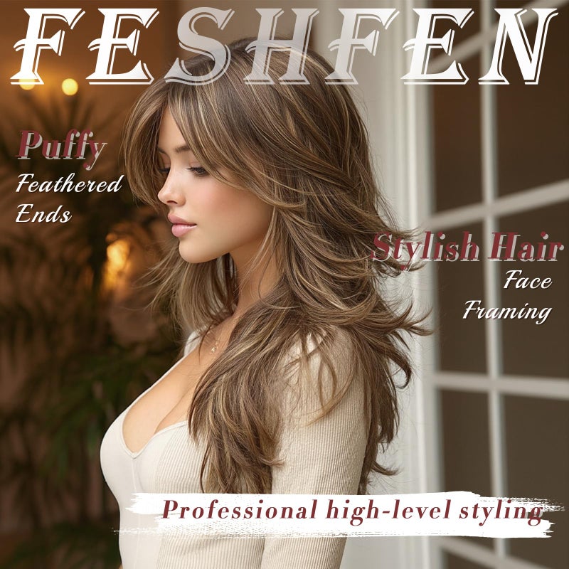 FESHFEN Brown Mixed Blonde Wavy Layered Wig with Curtain Bangs for Women, 20 Inch Long Synthetic Natural Looking Middle Part Hair Wig For Costume Party Daily Use - Image 5