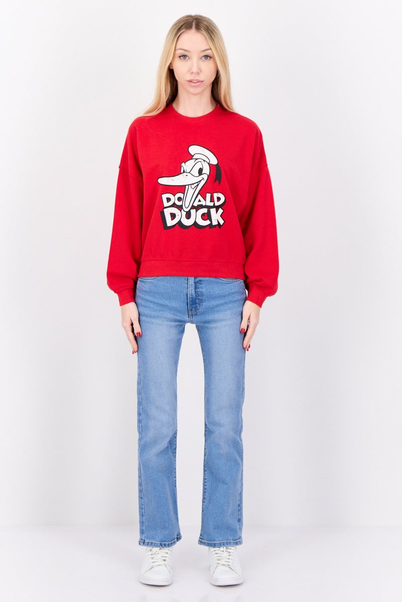 Don't Call Me Jennyfer Women Crew Neck Long Sleeve Donald Duck Sweatshirt, Red - Image 4