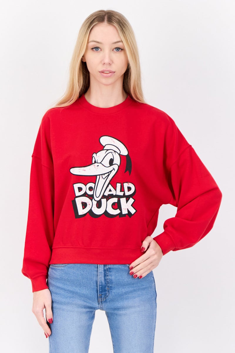 Don't Call Me Jennyfer Women Crew Neck Long Sleeve Donald Duck Sweatshirt, Red - Image 1
