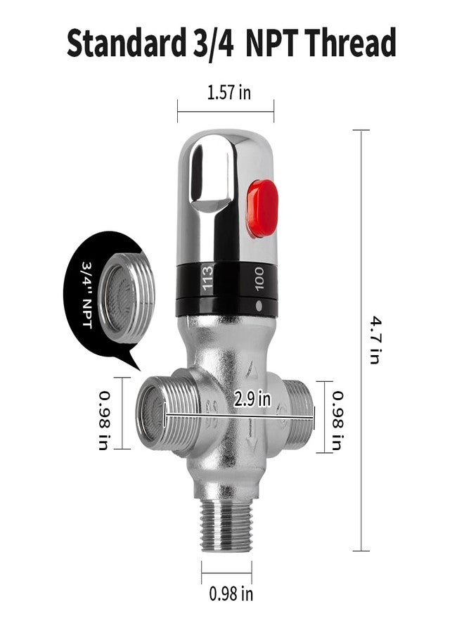 WiseWater 3/4 NPT Thermostatic Mixing Valve, Chrome Plated Brass 3-way Constant Temperature Control, Fahrenheit Scale Mark for Bathroom Faucet and Shower Water - Image 3