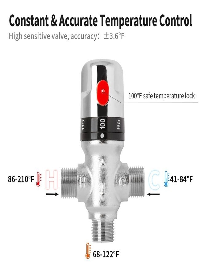 WiseWater 3/4 NPT Thermostatic Mixing Valve, Chrome Plated Brass 3-way Constant Temperature Control, Fahrenheit Scale Mark for Bathroom Faucet and Shower Water - Image 2