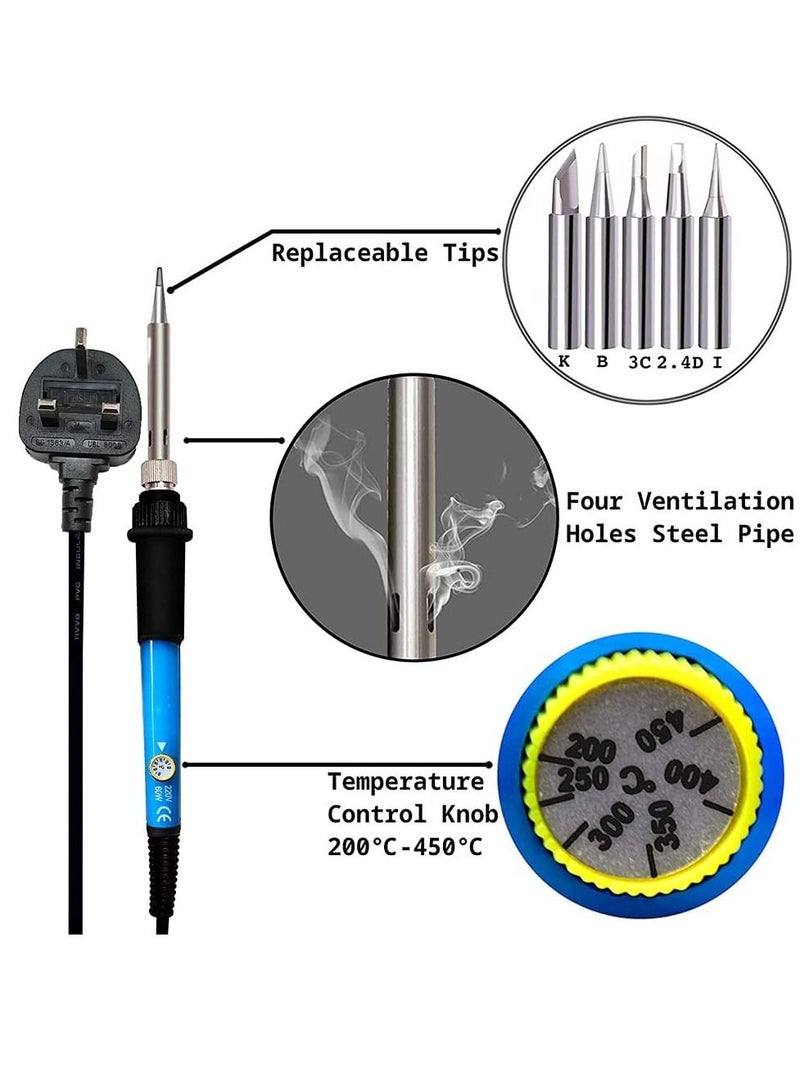 Soldering Iron Kit 60W Adjustable Temperature Welding Tool, Digital Multimeter, 2pcs Soldering Iron Tips, Desoldering Pump, Wire Stripper Cutter, Tweezers, Iron Stand, 2pcs Electronic Wire - Image 3
