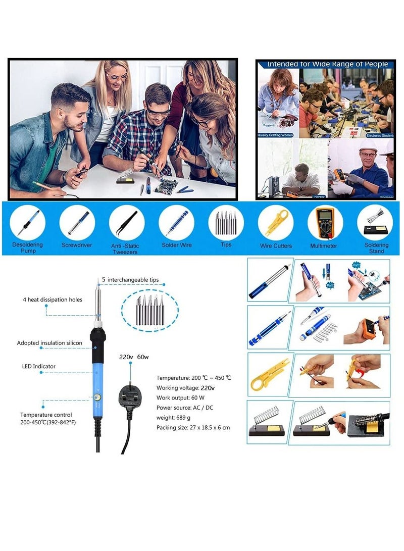 Soldering Iron Kit 60W Adjustable Temperature Welding Tool, Digital Multimeter, 2pcs Soldering Iron Tips, Desoldering Pump, Wire Stripper Cutter, Tweezers, Iron Stand, 2pcs Electronic Wire - Image 4