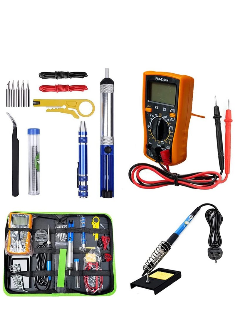 Soldering Iron Kit 60W Adjustable Temperature Welding Tool, Digital Multimeter, 2pcs Soldering Iron Tips, Desoldering Pump, Wire Stripper Cutter, Tweezers, Iron Stand, 2pcs Electronic Wire - Image 1